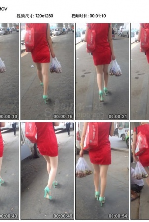 Young married woman of beautiful leg of shredded meat of red short skirt goes to